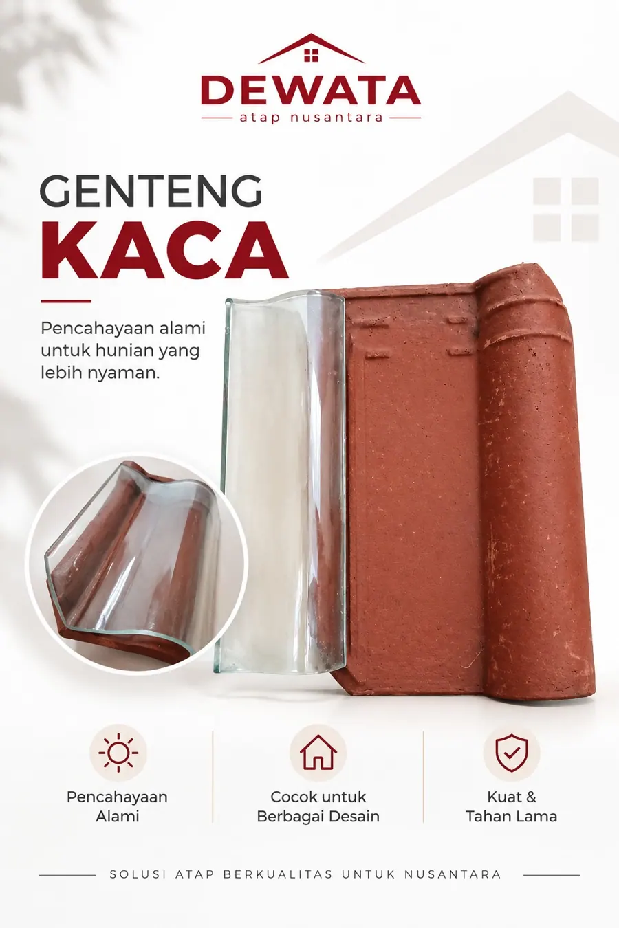 Contoh bentuk genteng kaca transparan dan genteng tanah liat untuk pencahayaan atap